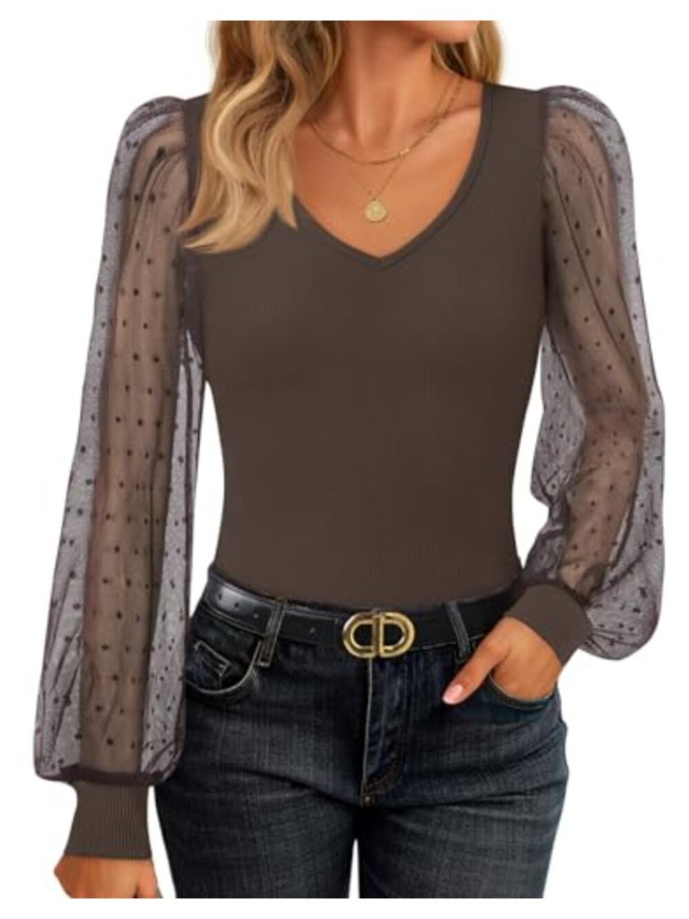Women's Mesh Puff Long Sleeve Ribbed Knit V Neck Blouse